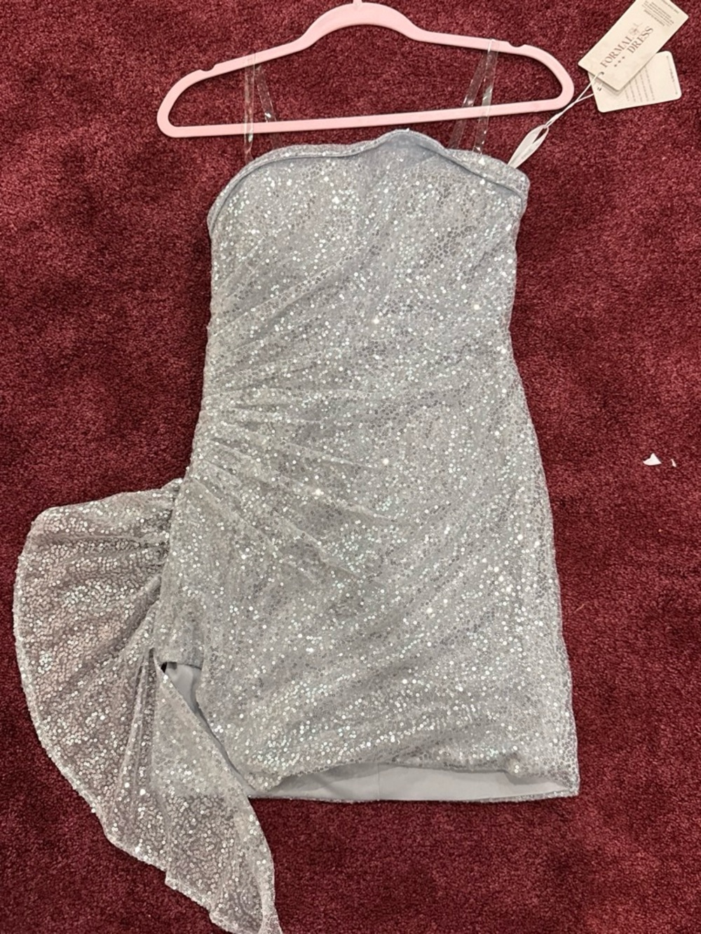 Silver Sequin Prom Dress with Draped Side Detail